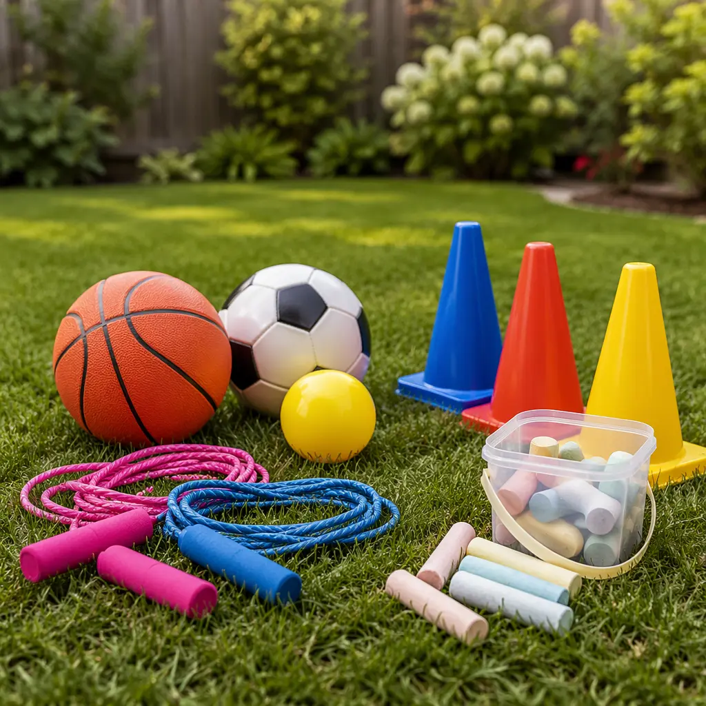 Simple outdoor toys for preschoolers laid out on grass