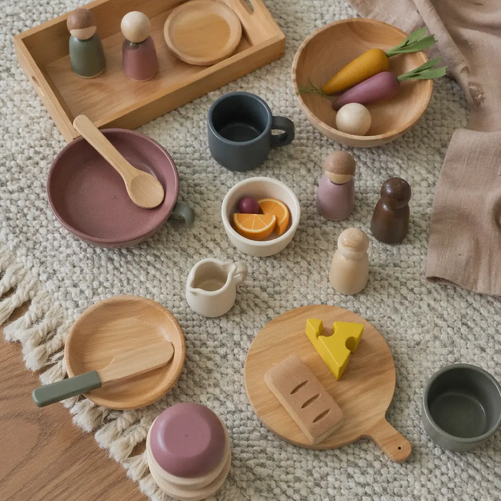 Everyday pretend play toys laid out on a playroom rug
