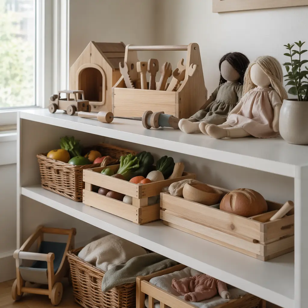 Classic pretend play toys organized on a shelf