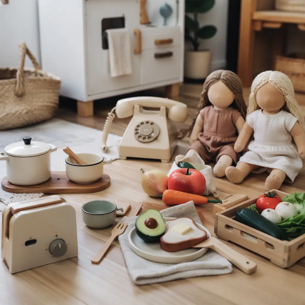 A selection of simple pretend play toys arranged on a wooden floor