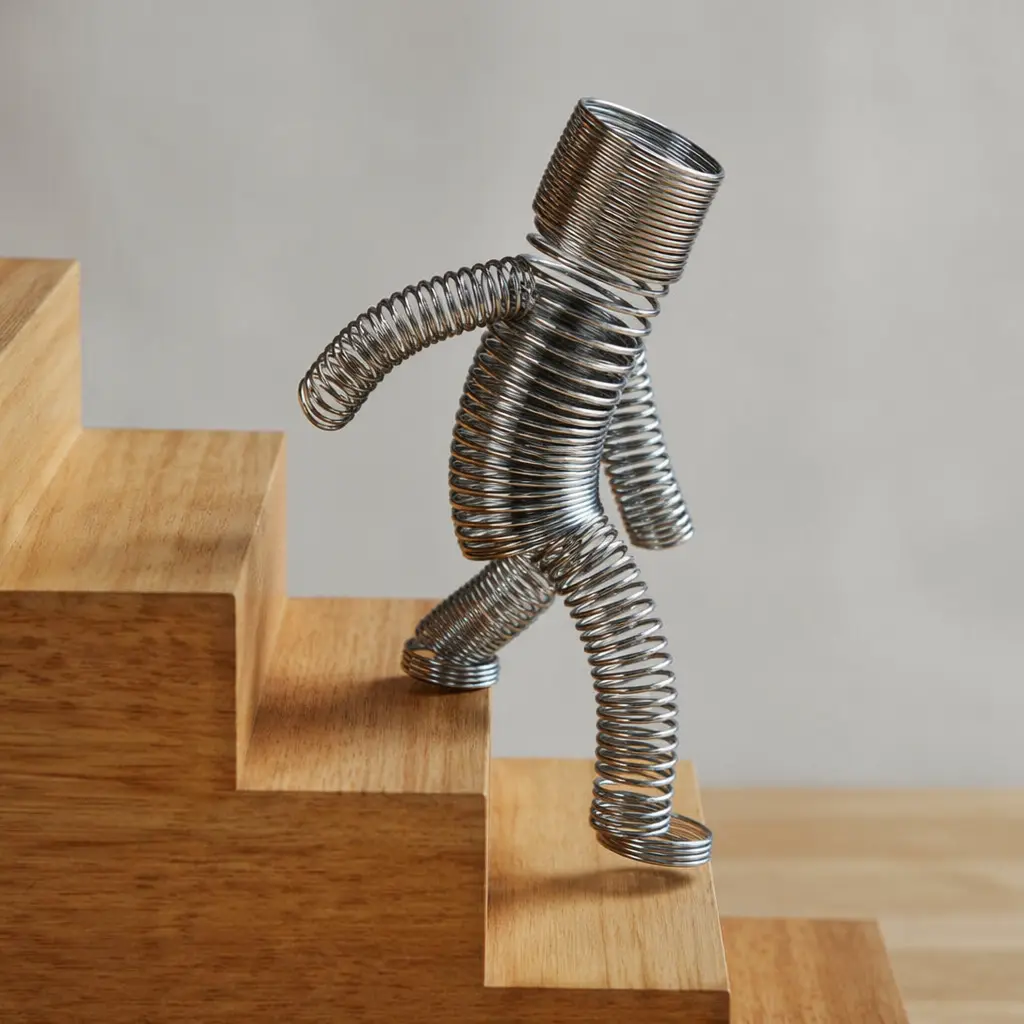 A classic metal spring toy moving down a short staircase