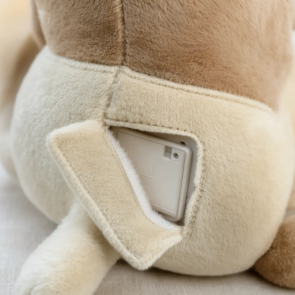 Detail view of stitching and concealed electronics on a plush toy