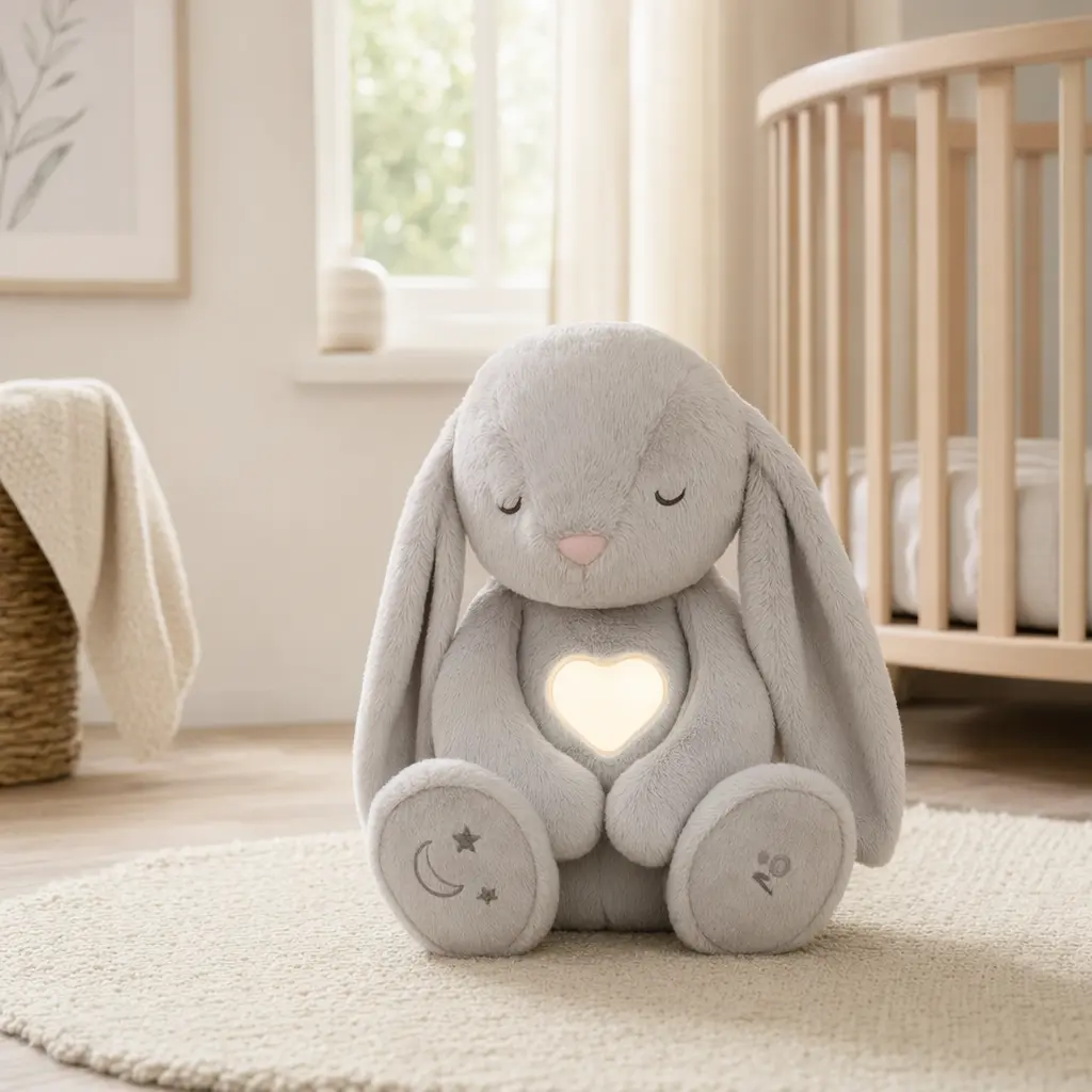 Soft electronic plush toy placed in a neutral nursery setting with natural light