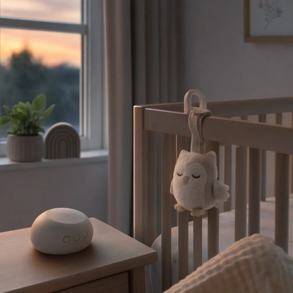 Crib-side view of a plush smart soothing toy and sound device in a nursery