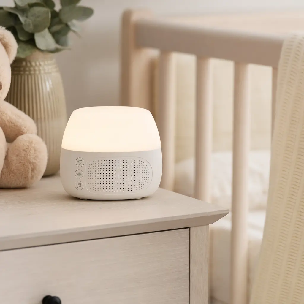 Sound machine and night light placed near a crib for infant sleep support