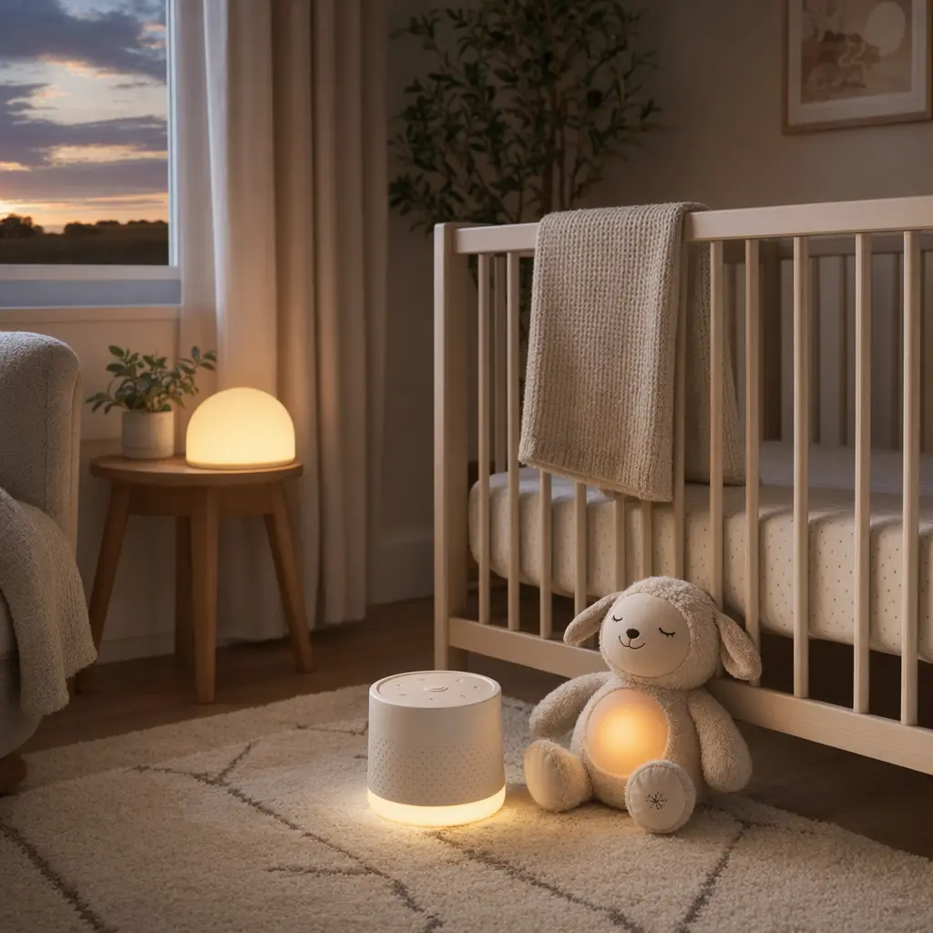 Softly lit nursery showing smart soothing toys designed for infant calming and sleep