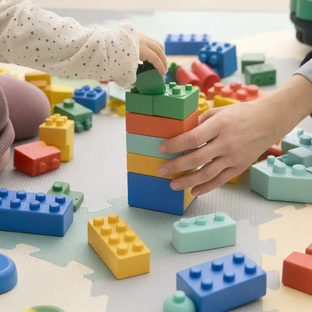 Large interlocking blocks being stacked by adult and toddler hands during play