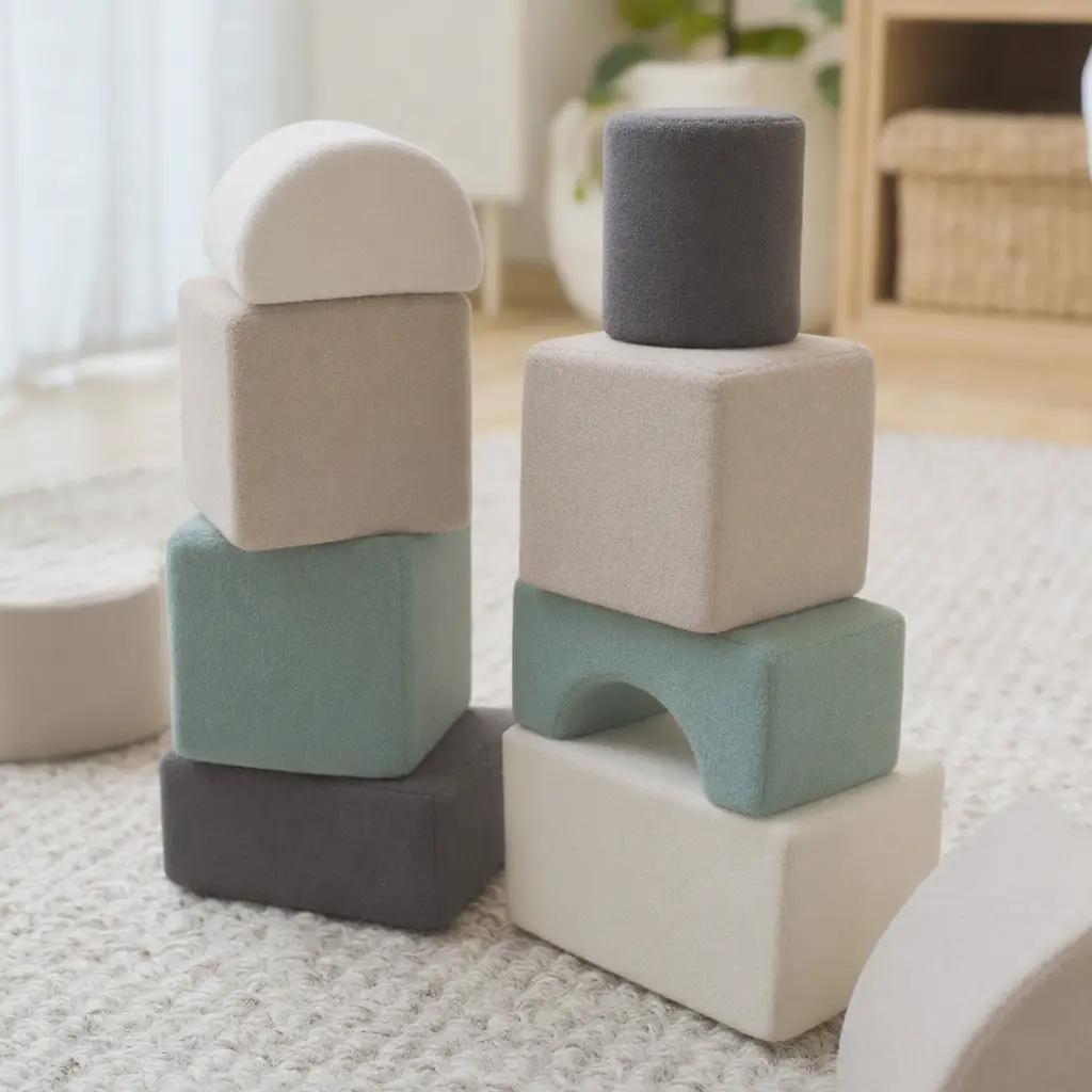 Soft foam building blocks stacked into small towers on a play rug