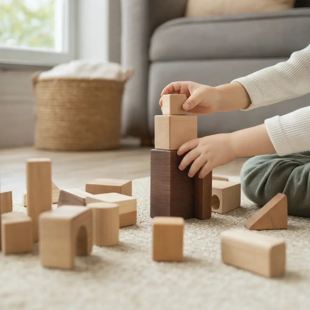 Chunky wooden building blocks stacked by toddler hands on a softly lit living room floor