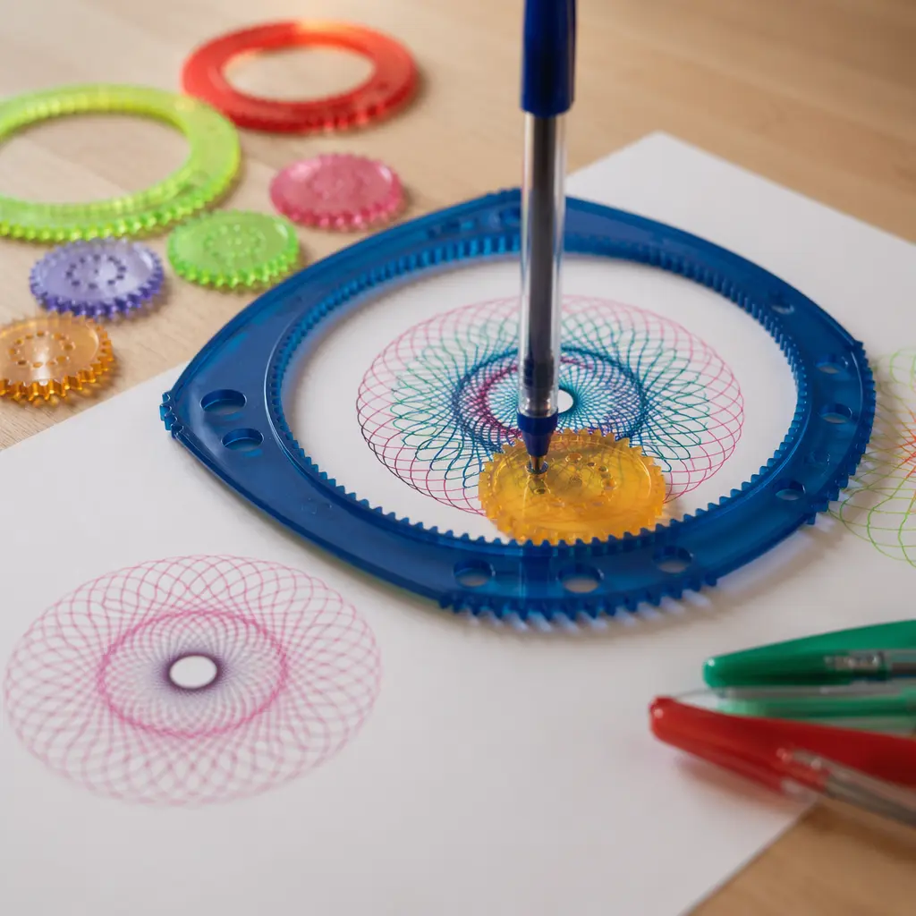 A classic spirograph-style drawing set making intricate geometric patterns