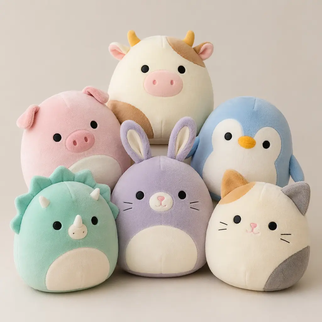 A group of soft, rounded plush toys in pastel colours arranged together