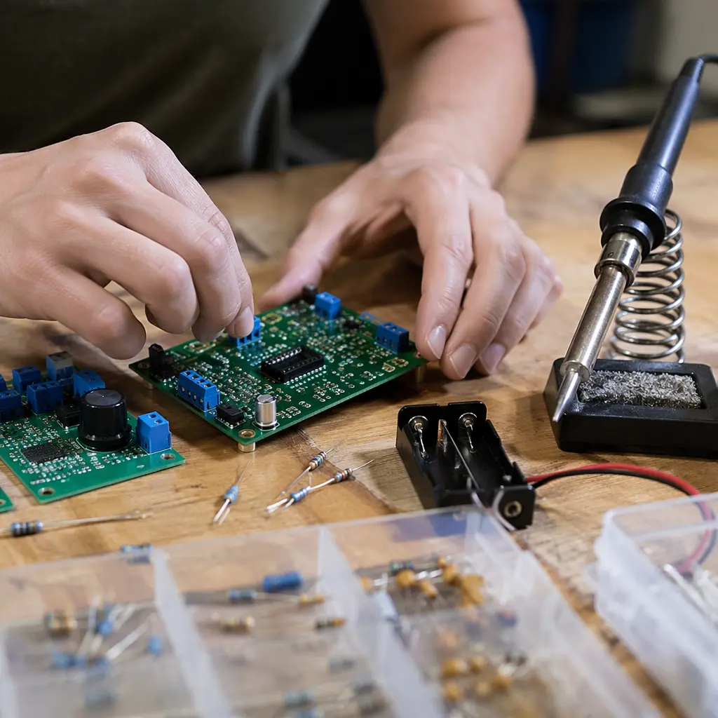 Electronics components being assembled on a work surface