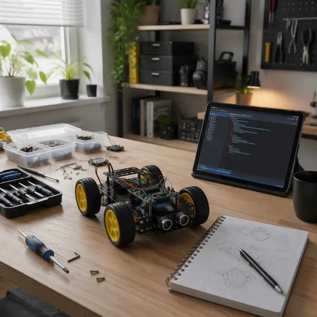 Home workspace set up for building and coding a STEM project