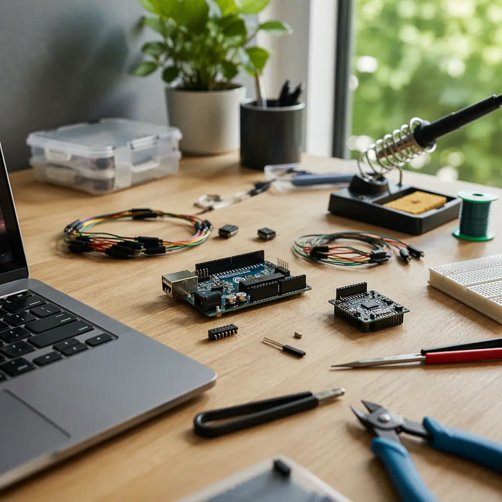 Hands-on STEM gadgets and tools laid out on a modern workbench