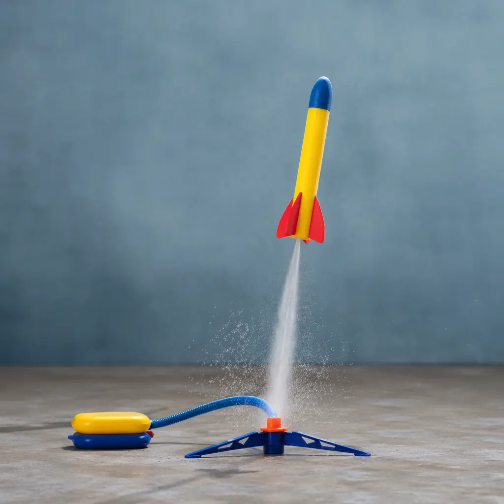 A foam rocket shooting into the air from a ground-based stomp launcher