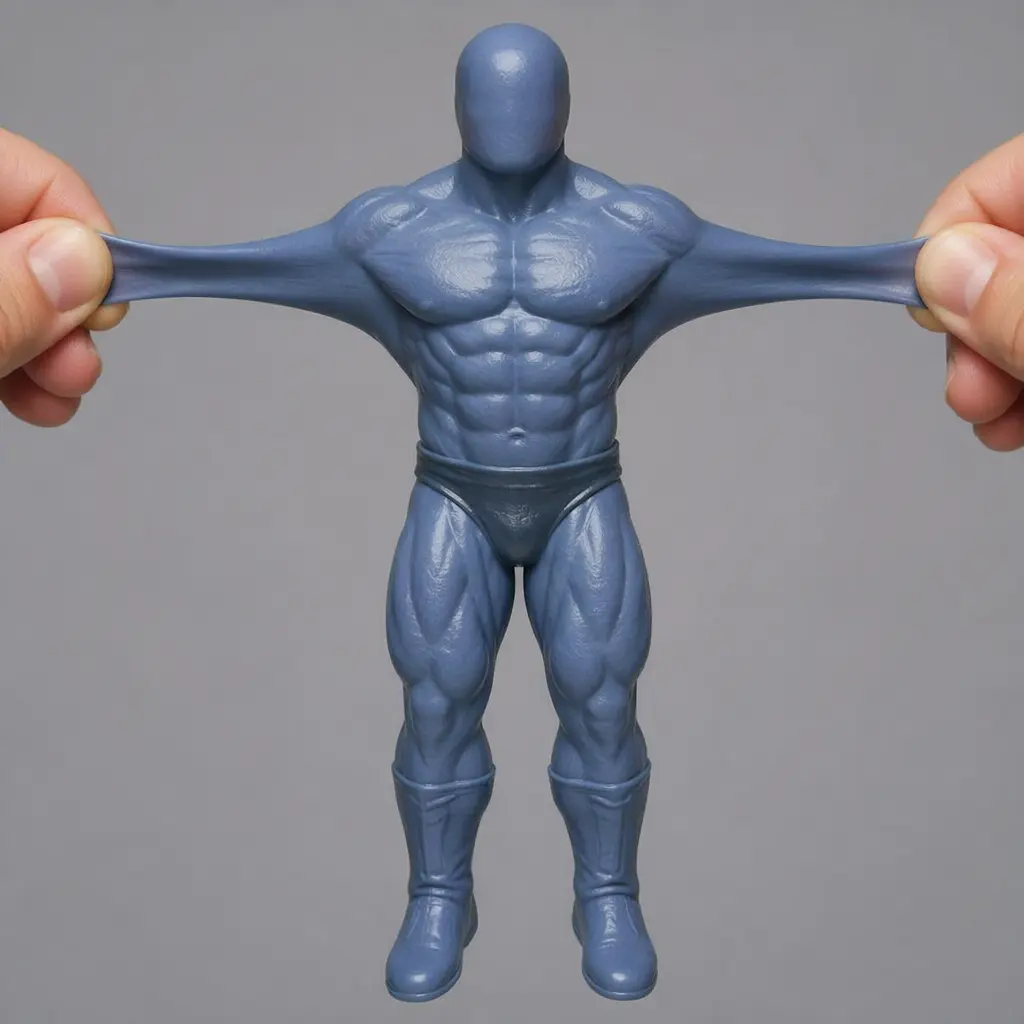 A classic-style stretchable action figure being pulled at the arms to show its flexibility