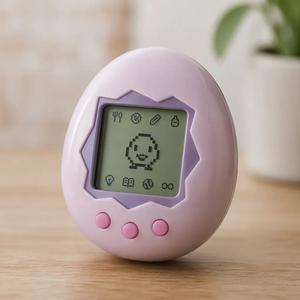 A small egg-shaped virtual pet device with buttons and a pixel screen