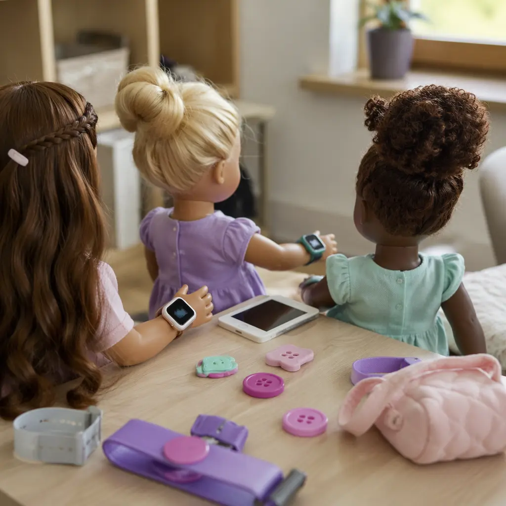 Tech-enabled dolls with electronic accessories set up for imaginative play