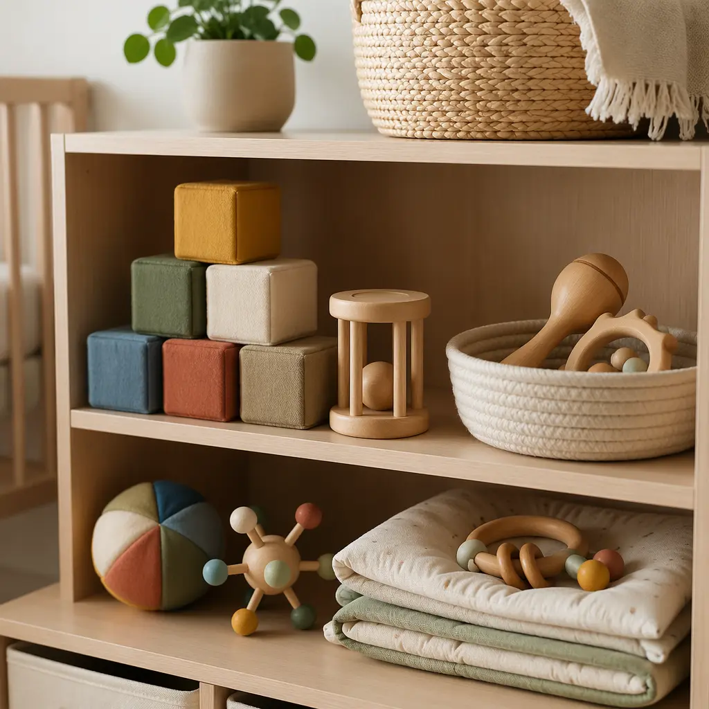 Nursery shelf with a selection of simple, tech-free baby toys