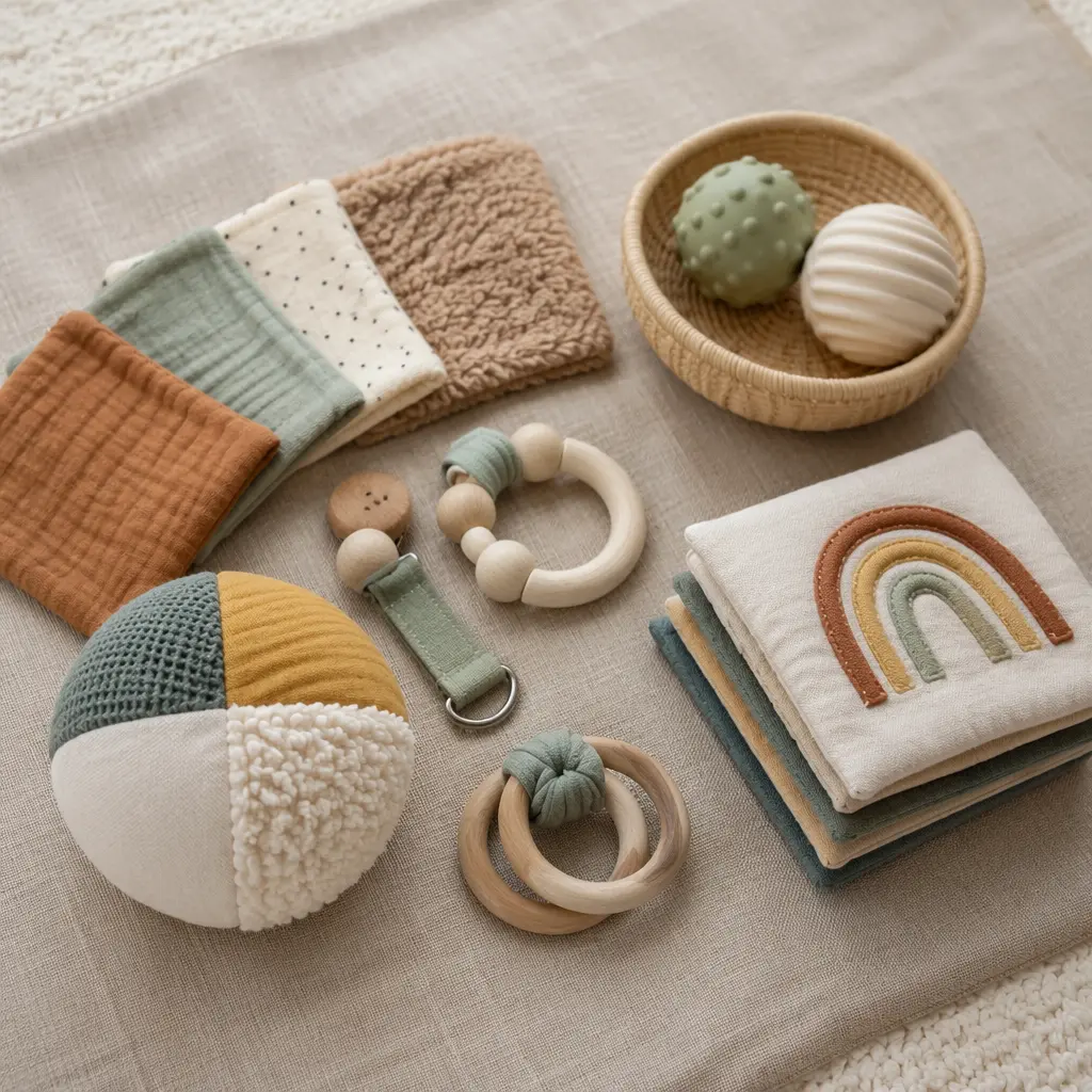 Simple tech-free sensory toys for babies arranged on a soft mat