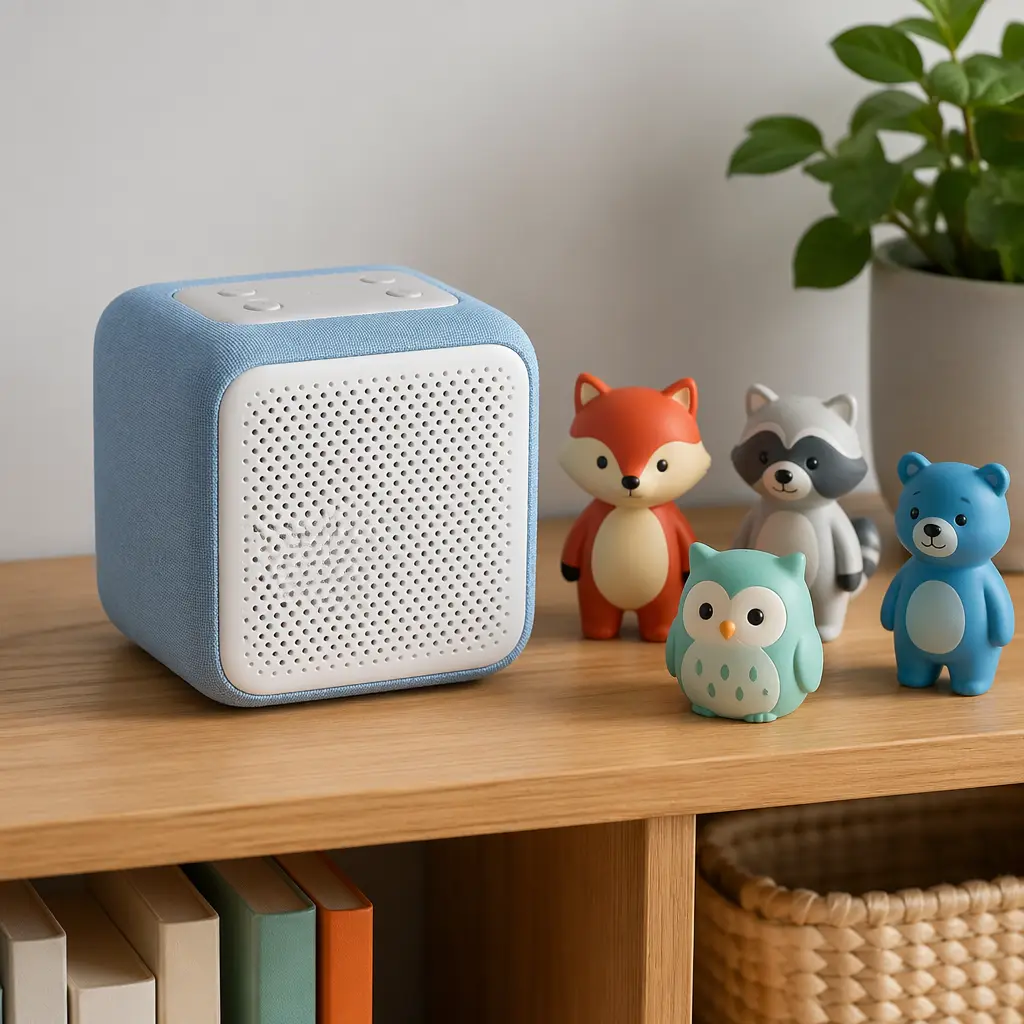 A cube-shaped children's audio player with small figurines used to trigger stories