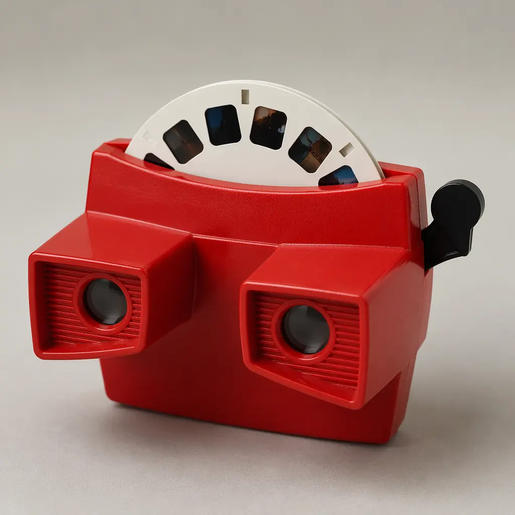 A classic red stereoscopic picture viewer with a circular reel