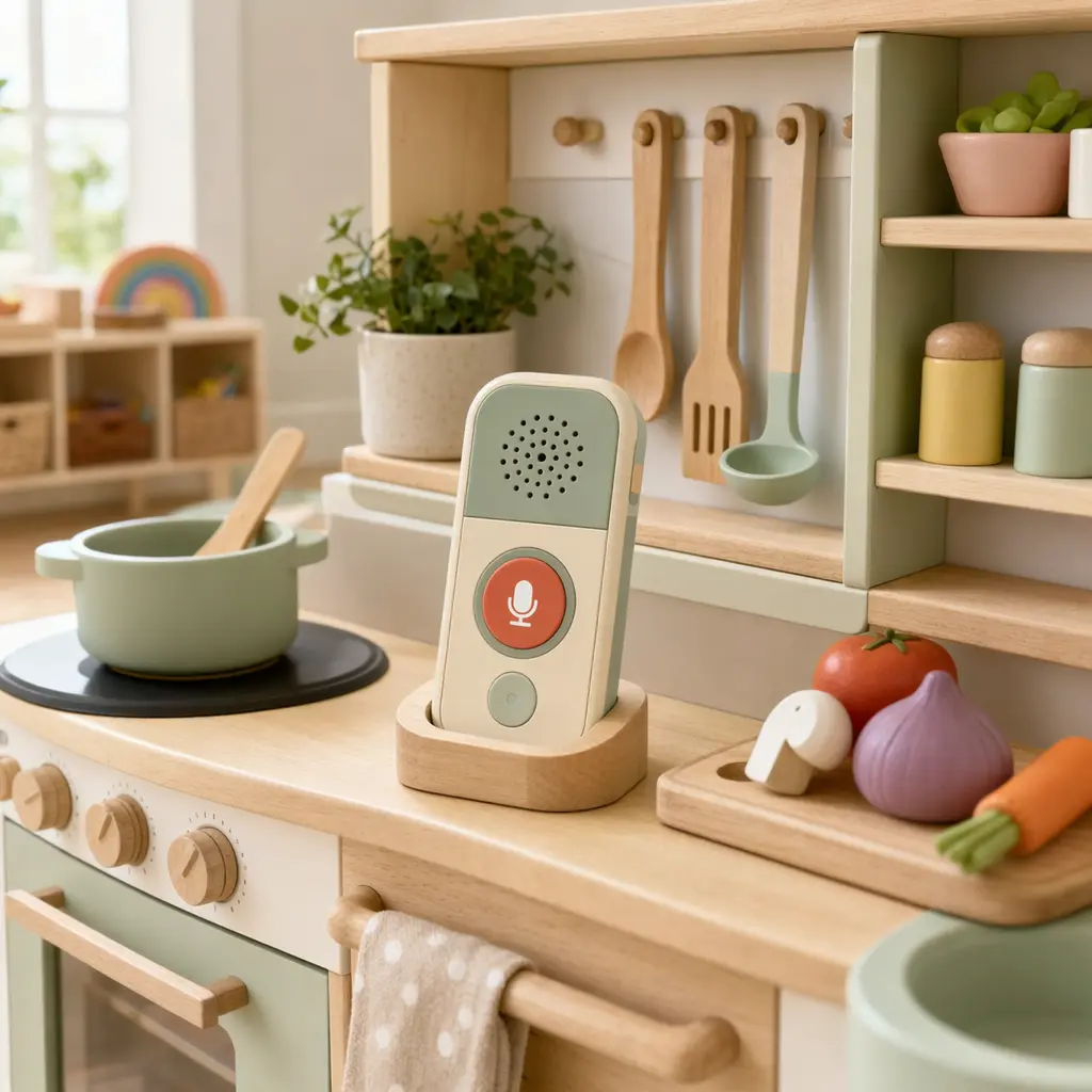 Voice-recording pretend play toy used alongside a play kitchen setup