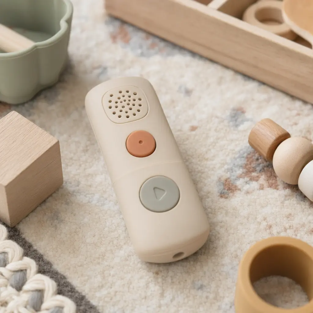 Handheld voice-recording pretend play toy on a playroom rug