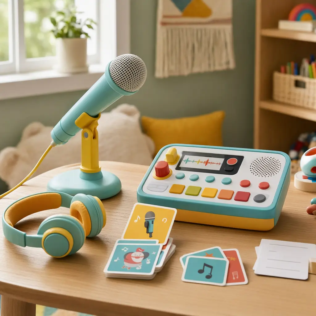 Voice-recording pretend play toys arranged on a play table in a bright, cozy playroom