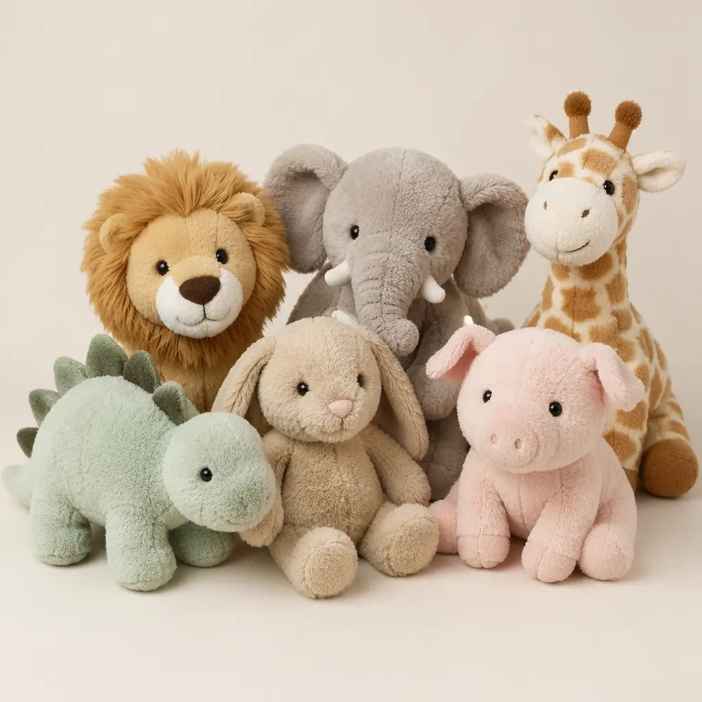 A group of soft plush animals displayed together on a neutral background