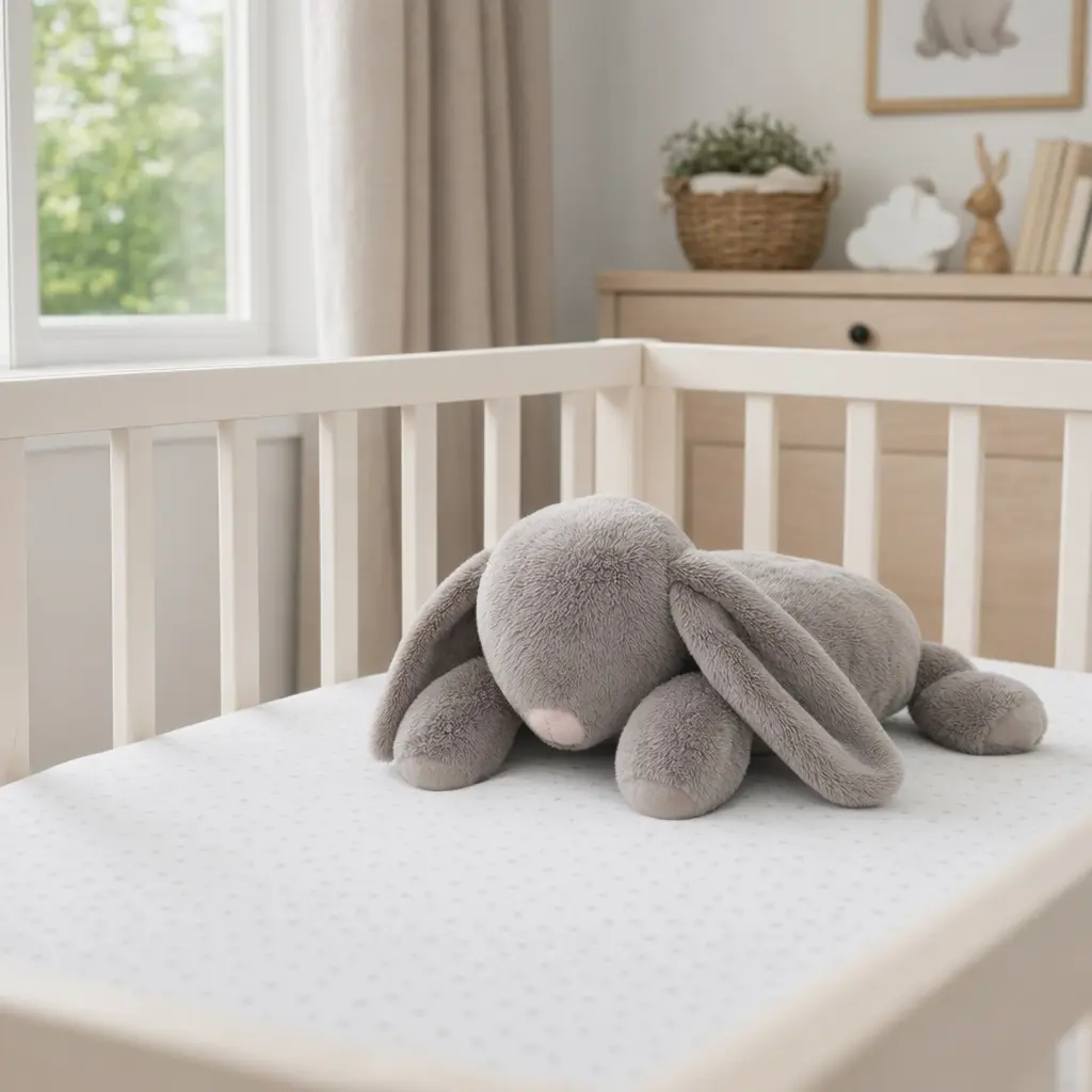 Weighted plush toy placed on a crib mattress in a softly lit nursery