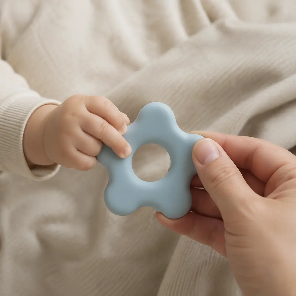 Adult hands holding a small baby grasping toy to show size and smooth edges