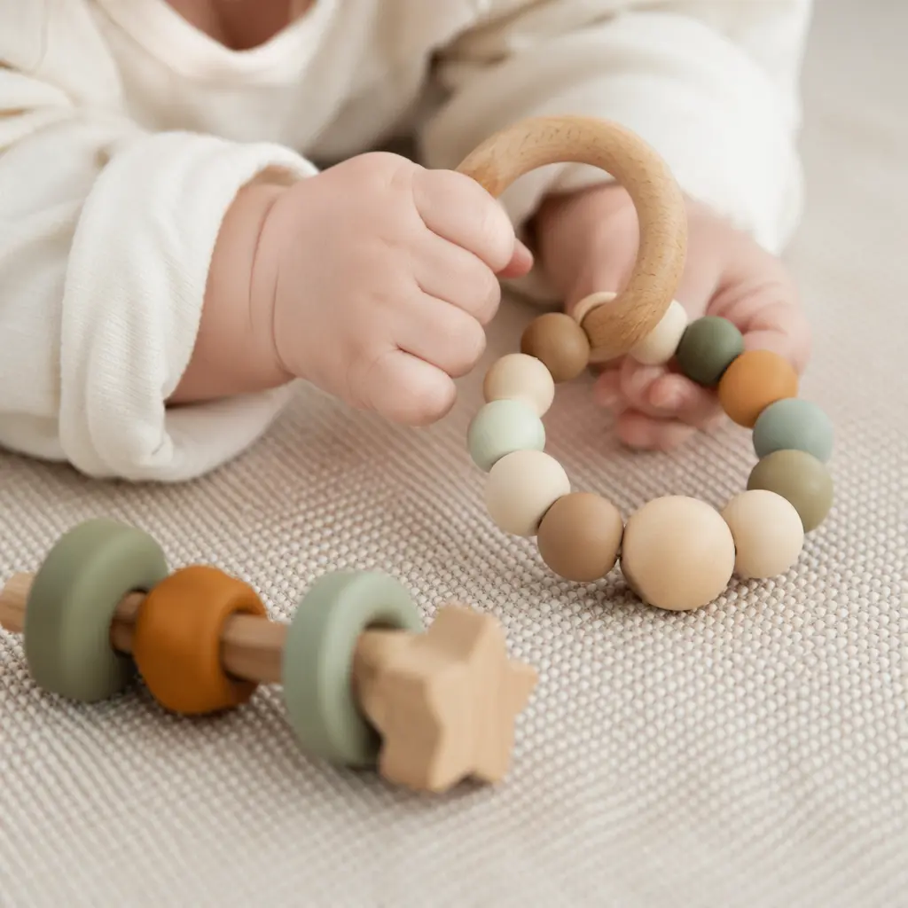Wooden and plastic baby grasping toys on a soft neutral mat