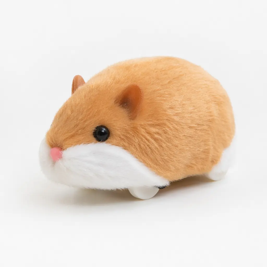 A small plush robotic hamster toy posed in a studio setting