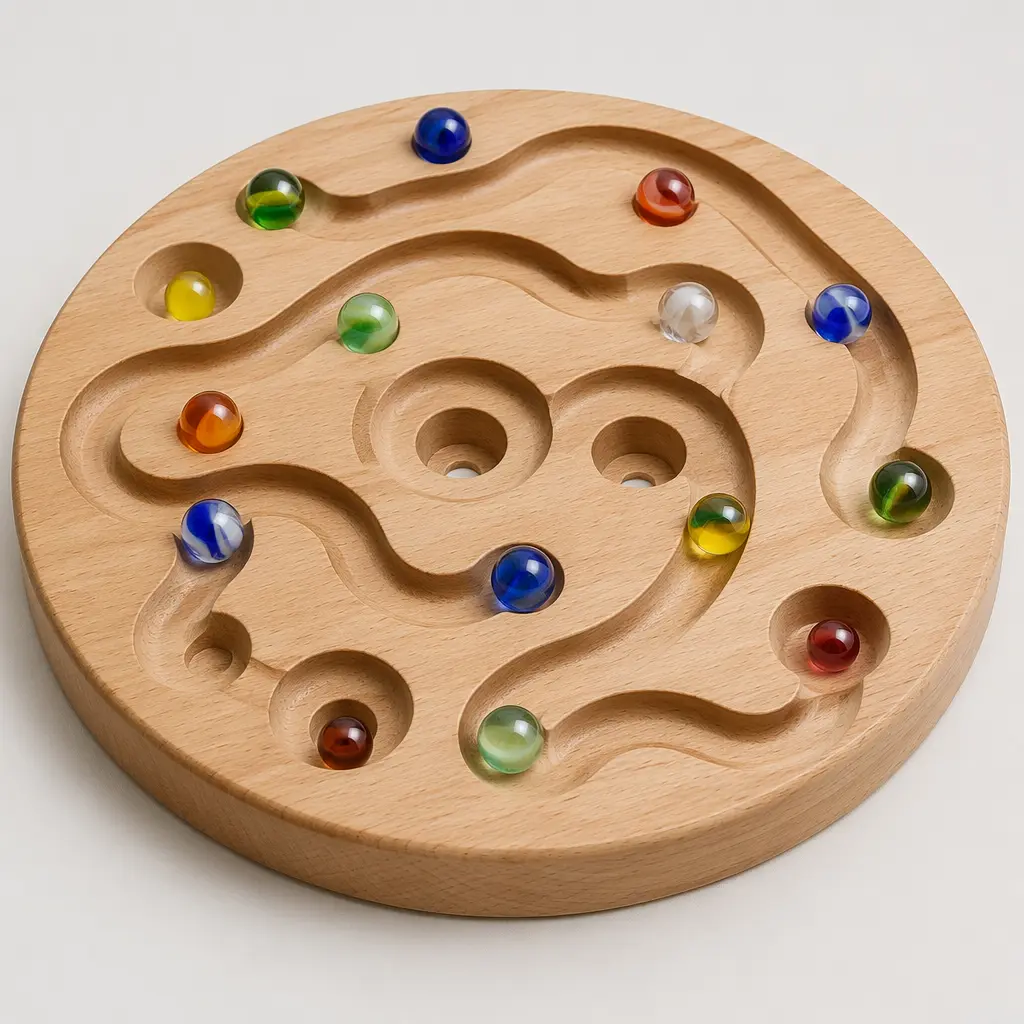 A wooden marble race board with colourful glass marbles arranged around circular tracks.