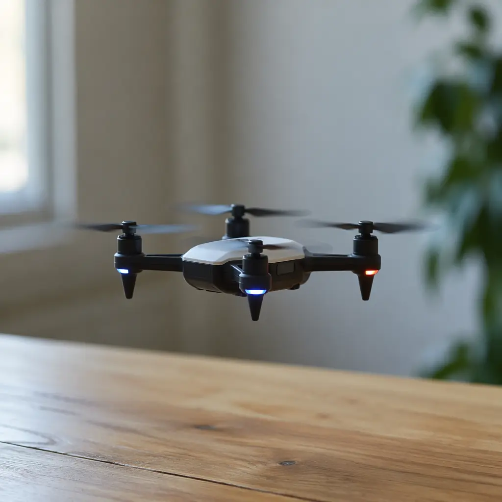 A small indoor-friendly flying toy hovering above a table