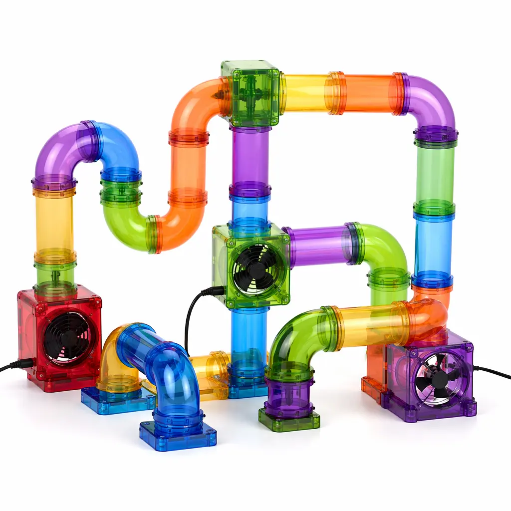 A colorful airflow tube construction toy with connected plastic tubes and fans