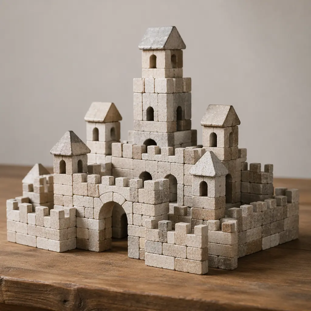 A miniature structure built from real stone building blocks arranged like a small castle