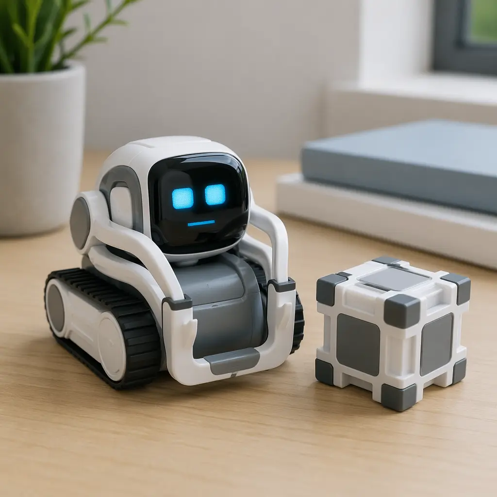 A small educational robot with treads and an expressive digital face sitting on a desk
