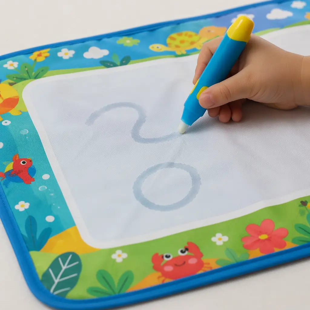 Child drawing on a reusable water drawing mat with a water pen