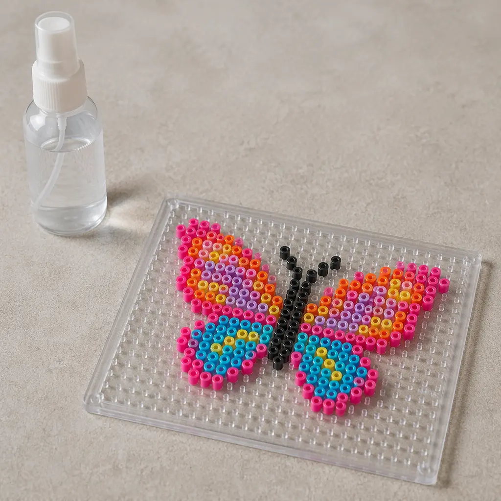 Colorful craft beads on a peg board with a small water spray bottle