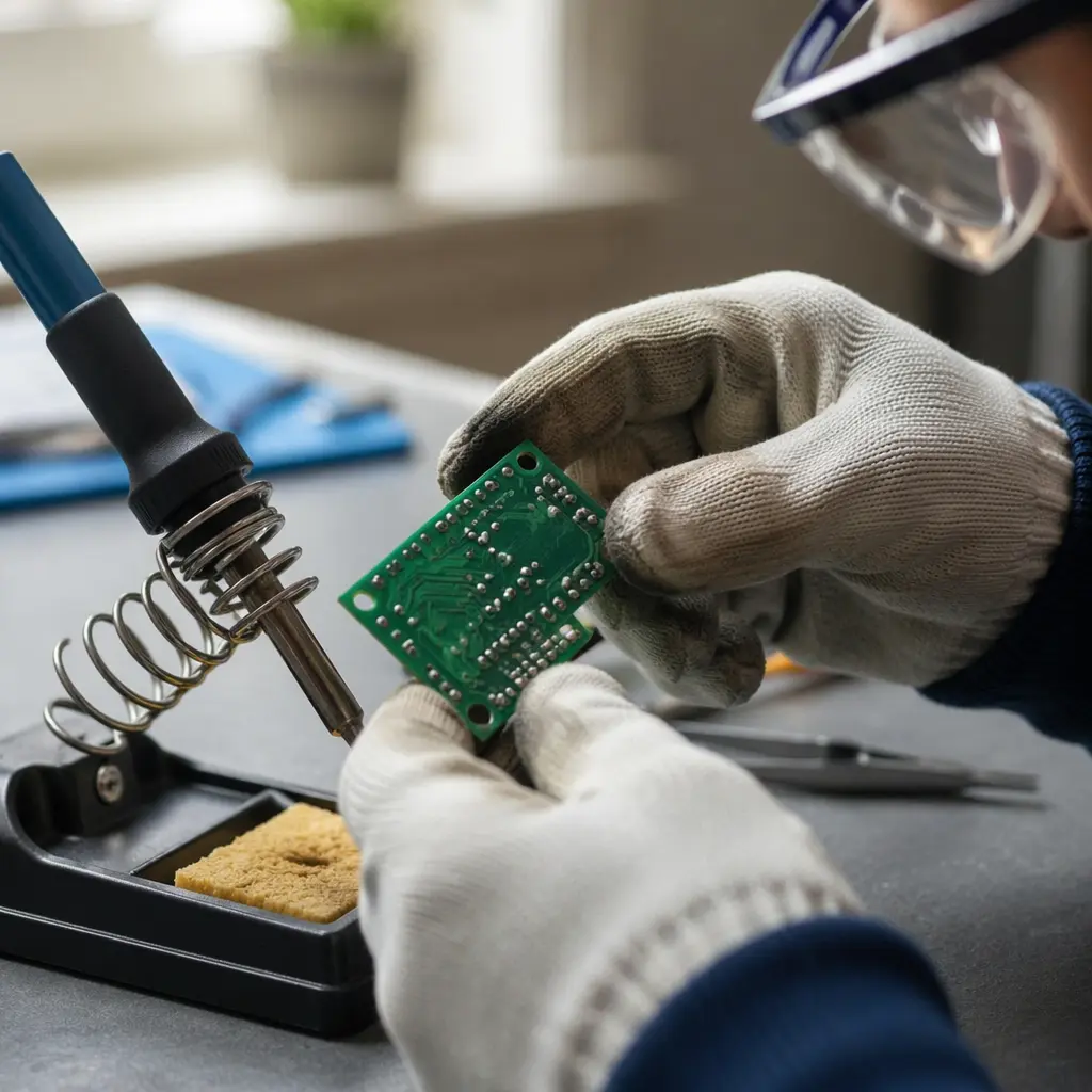Hands using safety gear while working with a soldering iron and circuit board.