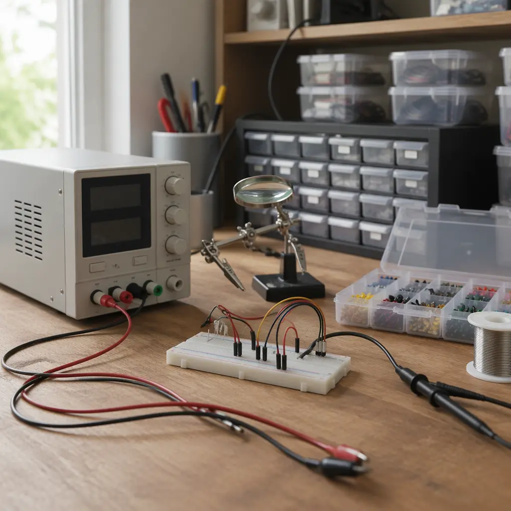 An organized electronics workspace showing tools and low-voltage components.
