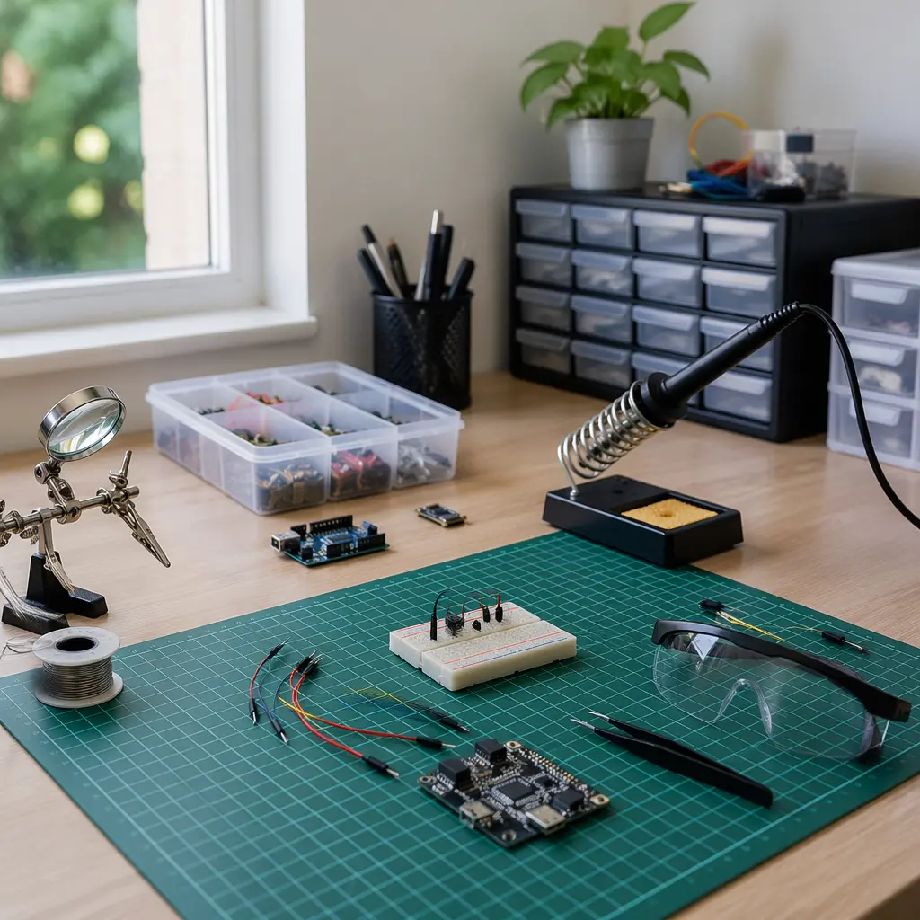 A neat workbench with electronics tools and safety gear arranged carefully.
