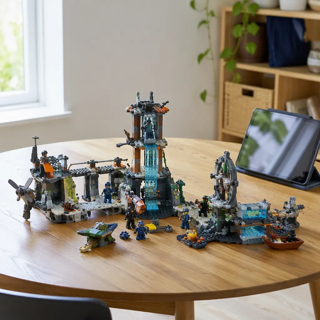 Connected building toy laid out on a table with a tablet nearby