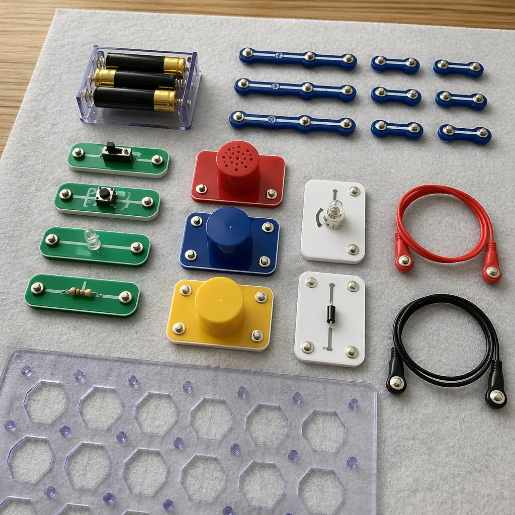 Beginner electronic components arranged neatly for a young child