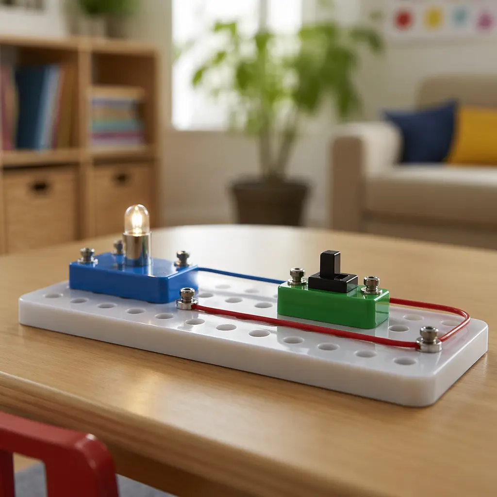 A simple light-and-switch circuit built from child-safe electronic parts
