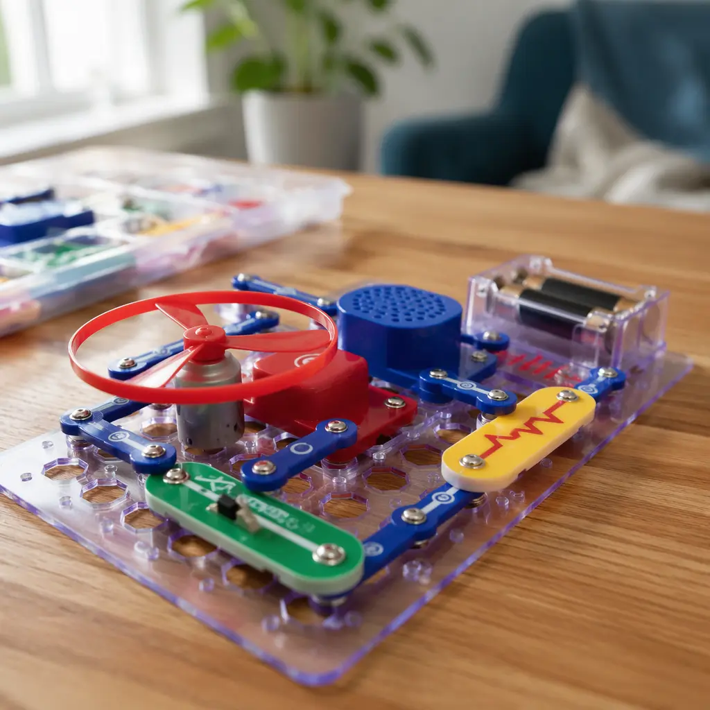 Large, colorful electronic building pieces arranged on a table for young children