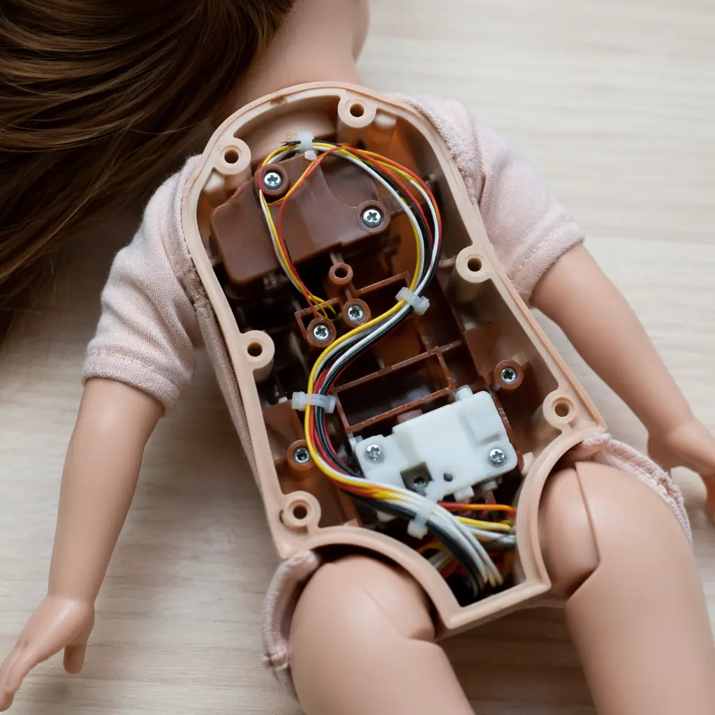 Internal plastic casing and wiring inside an electronic doll