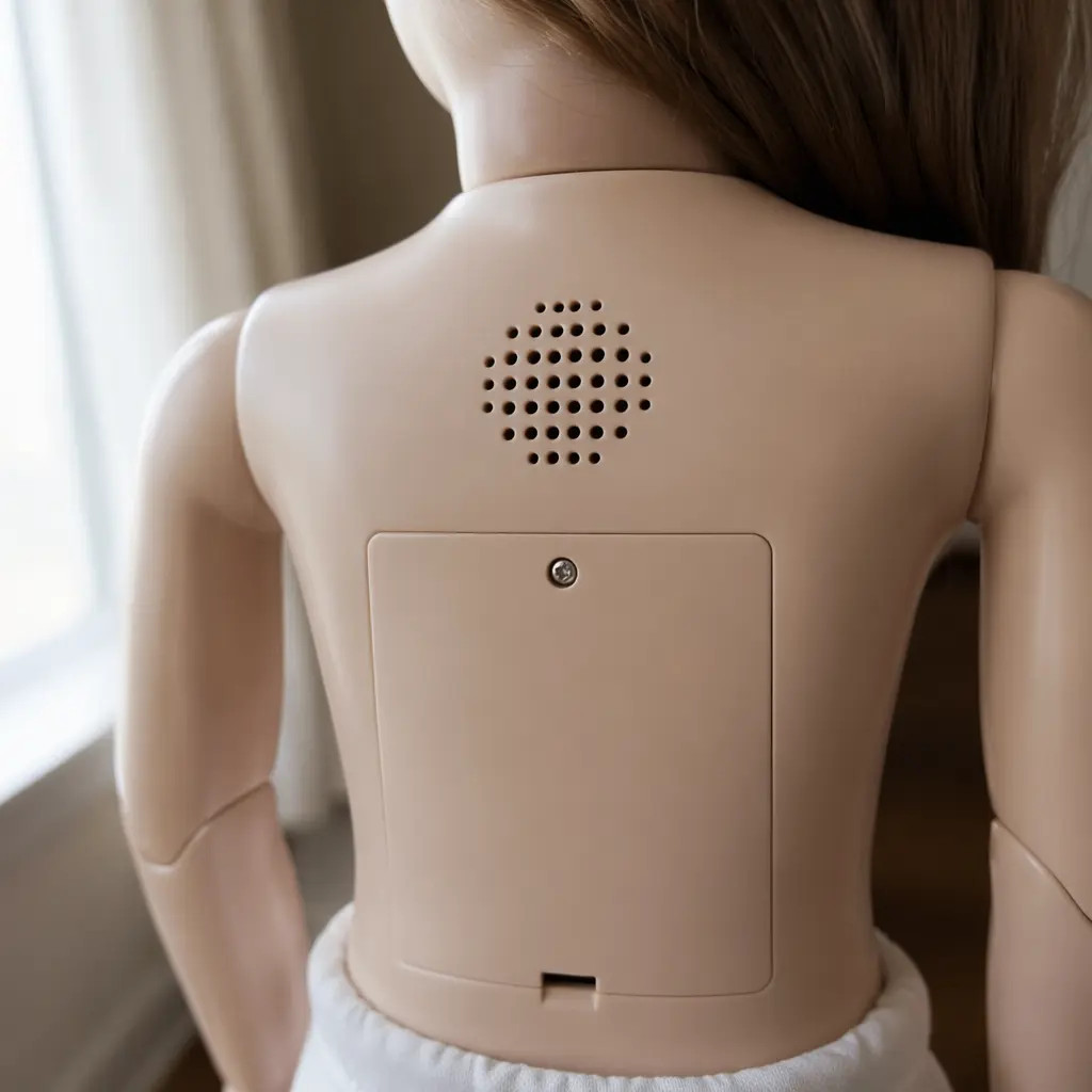 Close-up of an electronic doll showing speaker and battery compartment details